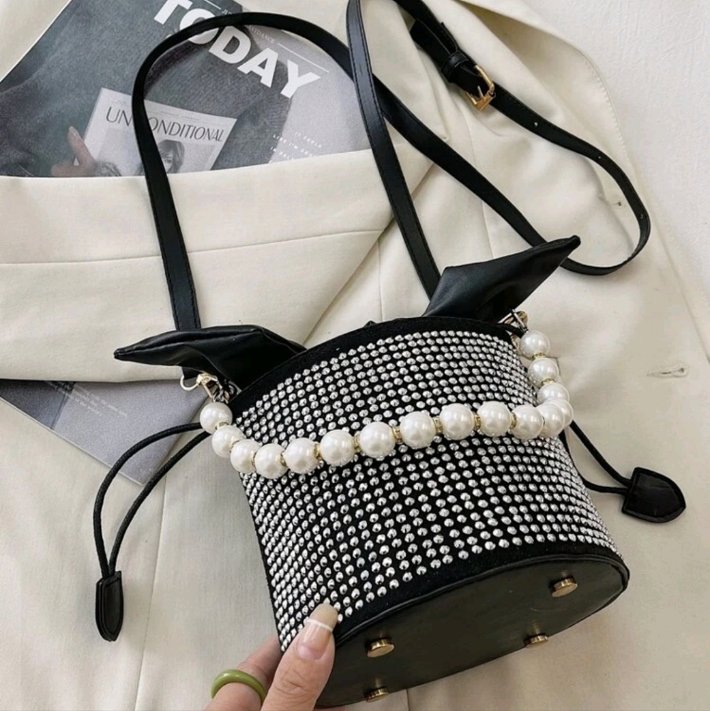 Black Studded And Faux Pearl Leather Bucket Bag